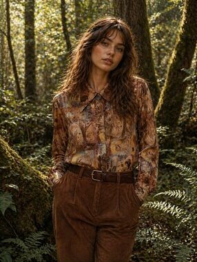 VINTAGE Blouse Womens Size Small Brown Tan Abstract 70s Artsy Goblincore Forest